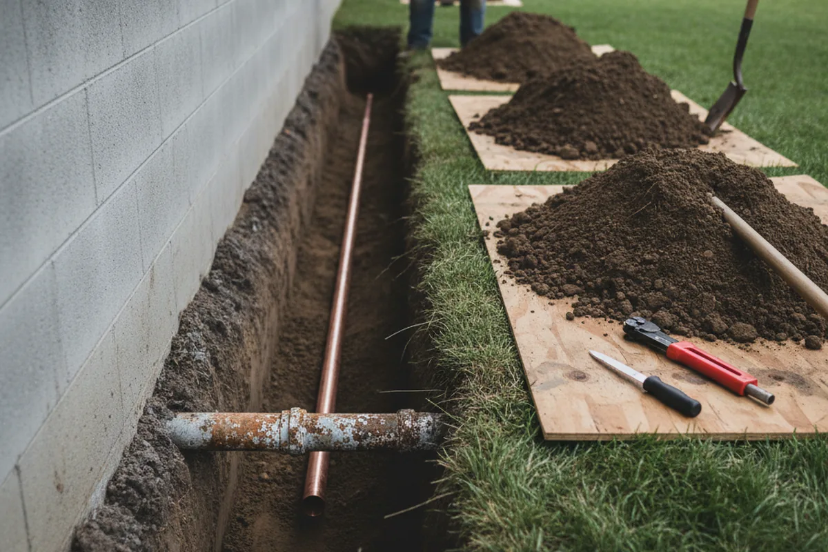 Excavated water line trench during Water Heater Repair in Saint Albans